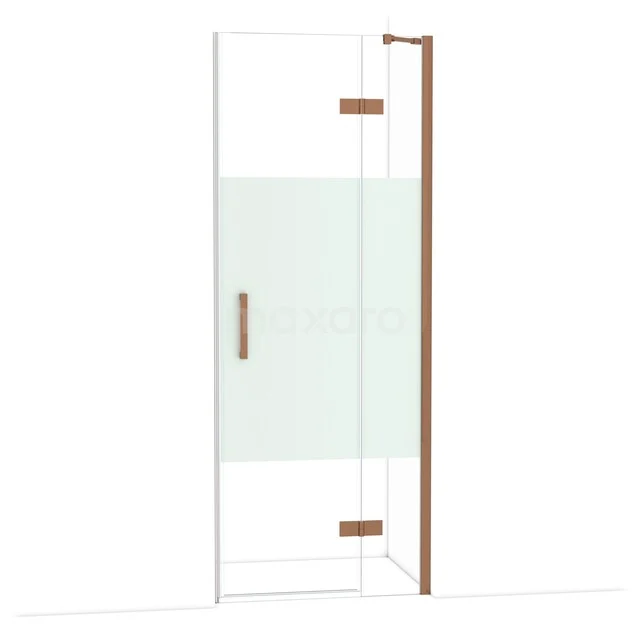 Glass shower door with frosted white panel, brass details, suitable for modern bathrooms.