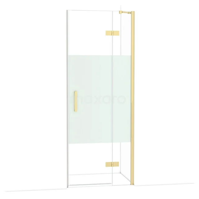 Diamond Shower door | 80 cm Glossy light gold Clear with matt strip Pivot door DDB22351213GLG Glazen douchedeur met gouden accenten, mat patroon in het midden, ideale toevoeging voor een luxe badkamerstijl.
