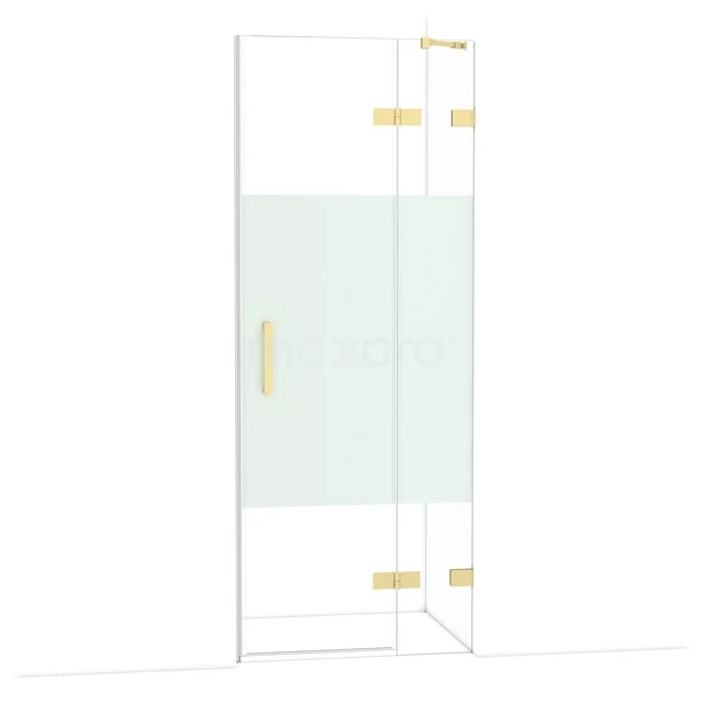 Diamond Shower door | 80 cm Glossy light gold Clear with matt strip Pivot door DDB22351223GLG Matglazen douchedeur met goudkleurige scharnieren en handgreep, moderne stijl voor een luxe badkamer.