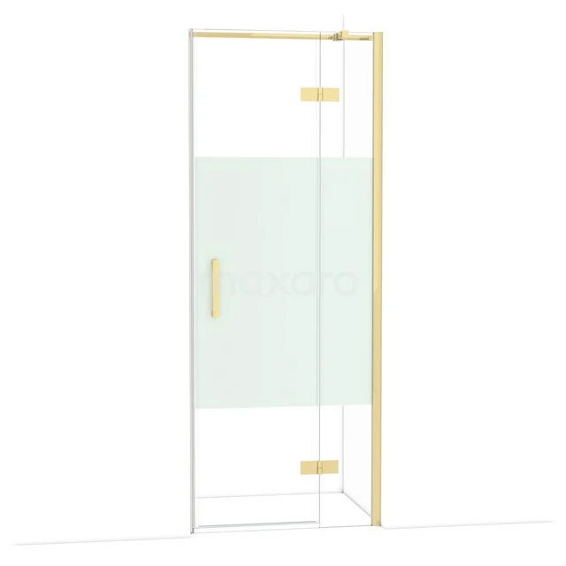 Glass shower door with a matte gold finish and clear lines, ideal for a stylish bathroom design.