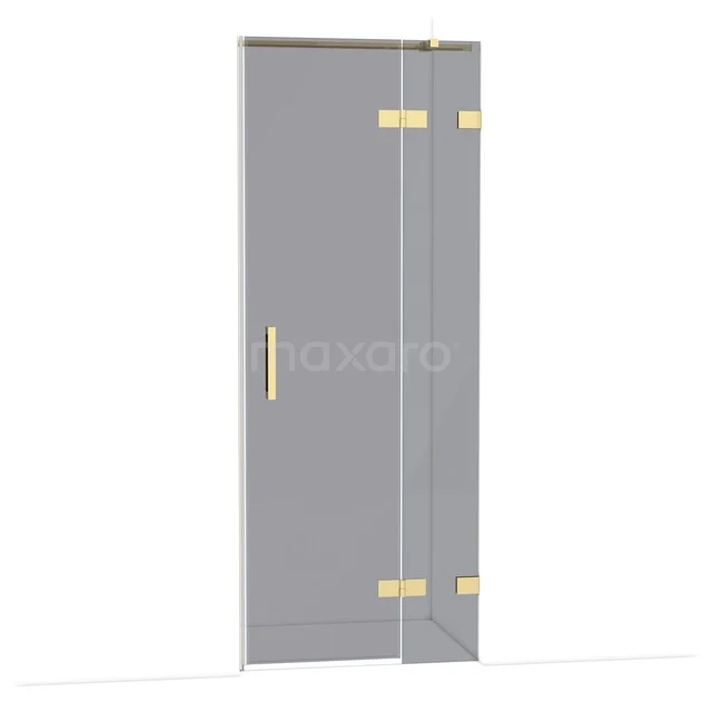 Glass shower door with gold-coloured hinges, right handle and sleek design, ideal for modern bathrooms.