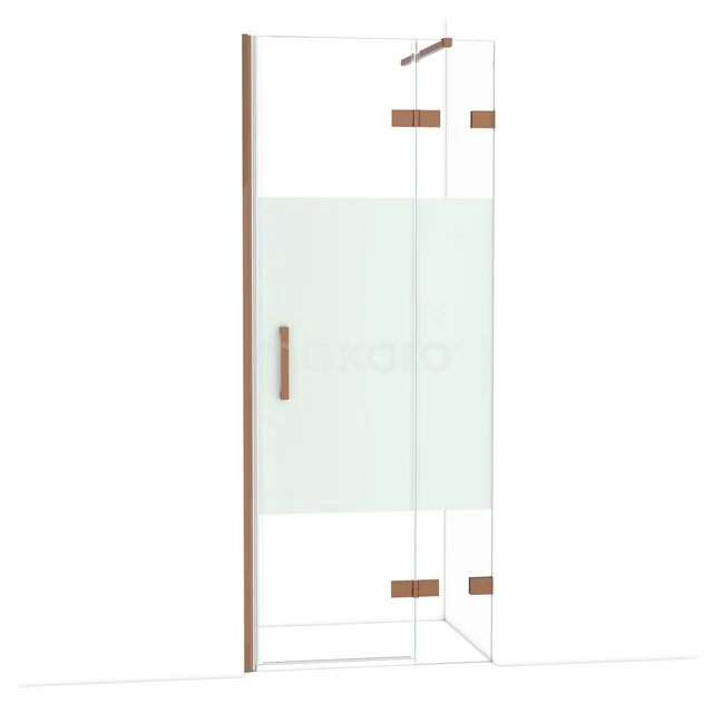 Duschwand mit Klarglas, Holzakzenten und mattem Bereich, luxuriöses Design für moderne Bäder.