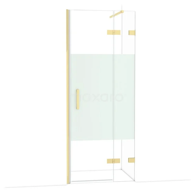 Glass shower wall with gold accents, hinged door and frosted glass; perfect modern addition to a luxury bathroom.