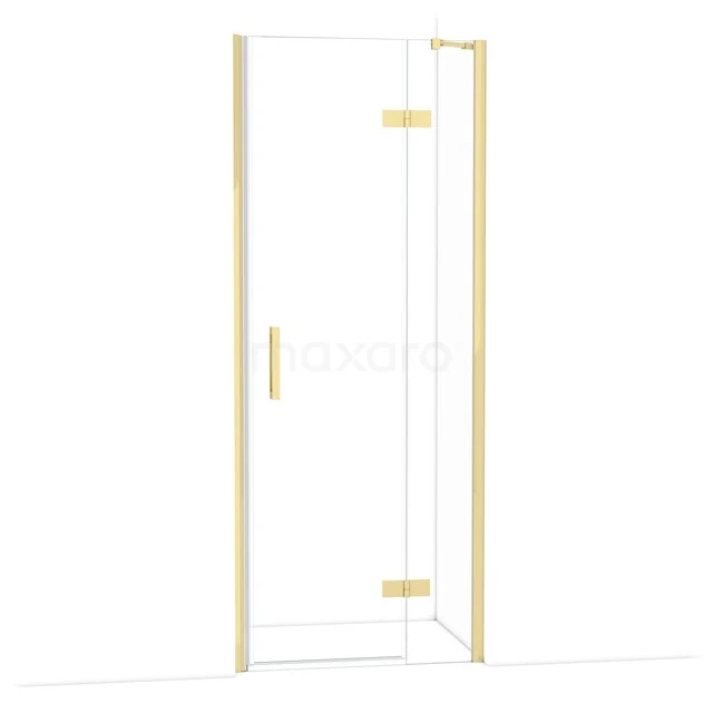 Glass shower door with gold-coloured frame and handle, elegant design for a modern bathroom decor.