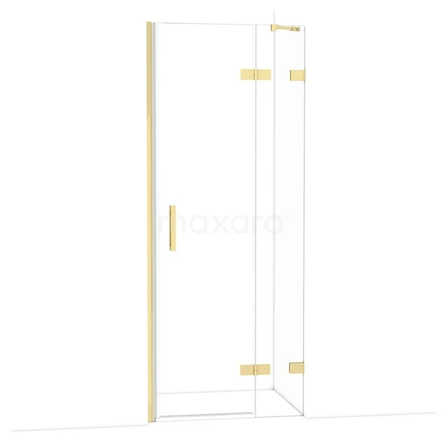 Glasdouchedeur mit goldfarbenen Scharnieren und Haltegriff, elegantes Design für moderne Badezimmerinterieurs.