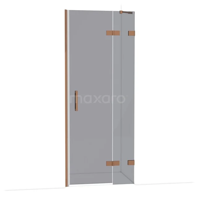 Duschtür aus Klarglas mit Holzelementen, Scharnieren und Haltegriff, ideal für ein modernes Badezimmer.