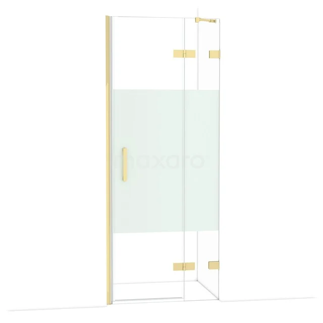 Glas Duschtür mit matten goldenen Scharnieren und Haltegriff, Klarglasdesign und Sandstrahlstreifen, perfekt für moderne Bäder.