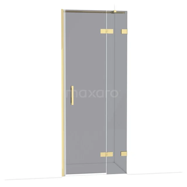 Glass shower door with gold hinges and handle, modern design for a stylish bathroom.