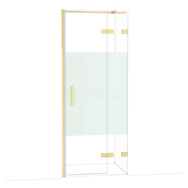 Diamond Shower door | 80 cm Glossy light gold Clear with matt strip Pivot door DDB22352323GLG Walk-in shower with frosted glass and gold accents, modern design for luxury bathroom interior.