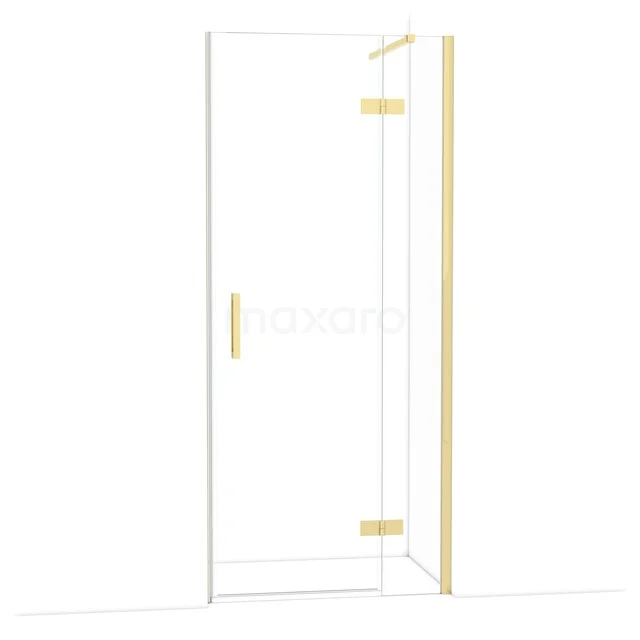 Glazen douchedeur met goudkleurige scharnieren en handgreep, stijlvol ontwerp voor een moderne badkamer.