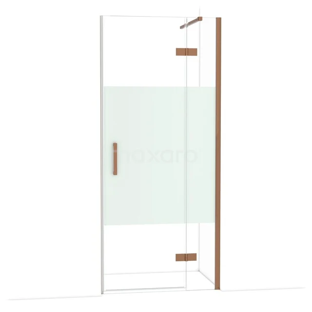 Diamond Shower door | 90 cm Shiny copper Clear with matt strip Pivot door DDB22361113GKP Glazen douchedeur met koperkleurige accenten, gedeeltelijk mat glas en strak design, ideaal voor moderne badkamers.