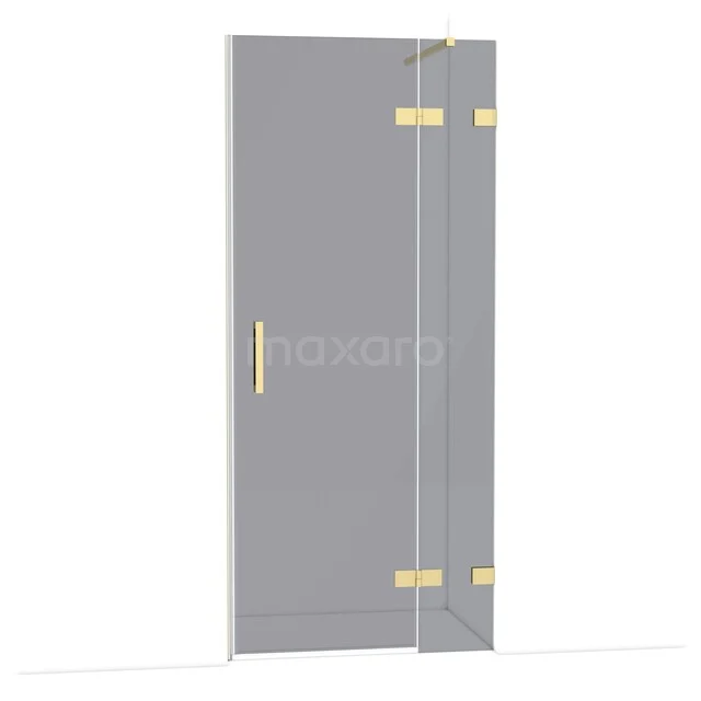 Diamond Shower door | 90 cm Glossy light gold Smoke glass Pivot door DDB22361121GLG Glazen douchedeur met gouden scharnieren en handgreep, modern ontwerp voor luxe badkamers.