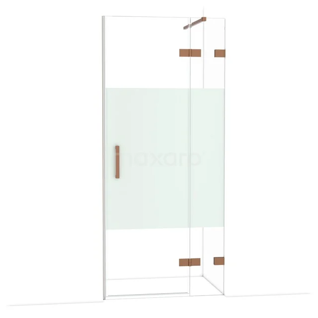 Glass shower wall with a matte white strip, copper-coloured hinges and handle, luxury and modern design for the bathroom.