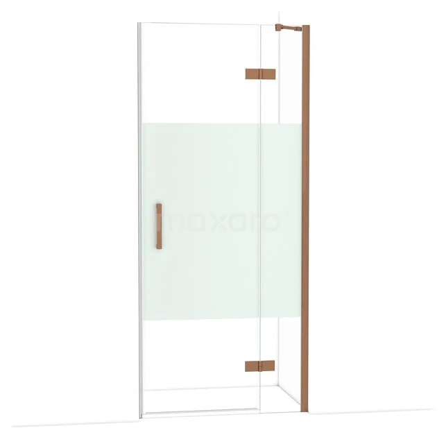 GlasduschTür mit mattem Glasstreifen, Messingscharniere und Haltegriff, modernes Design für stilvolle Bäder.