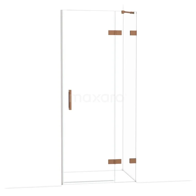 Diamond Shower door | 90 cm Shiny copper Clear glass Pivot door DDB22361220GKP Glazen douchedeur met messing scharnieren en handgreep, strak design voor een moderne badkamer.