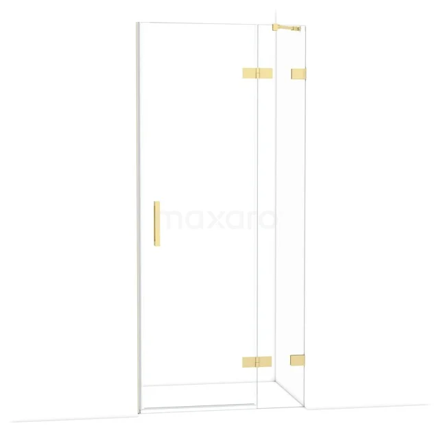 Glass shower door with gold-coloured hinges and handle; modern design for luxury bathroom decor.