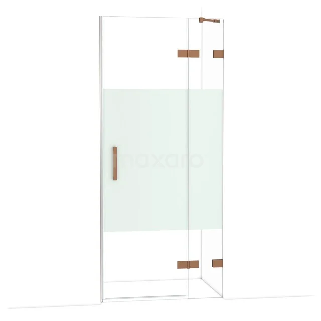 Glasene Duschtür mit mattem Glasstreifen, rostfreien Scharnieren und Haltegriff, ideal für ein modernes Badezimmer.