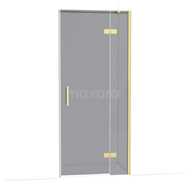 Graue Duschtür mit goldfarbenen Scharnieren und Haltegriff, Glasplatte und luxuriösem Aussehen, ideal für moderne Bäder.