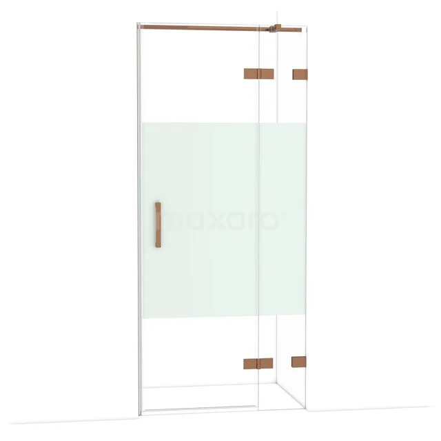 Glas Duschtür mit satinierter Mattstreifen, Edelstahl Scharniere und Haltegriff, ideal für ein modernes Badezimmer.