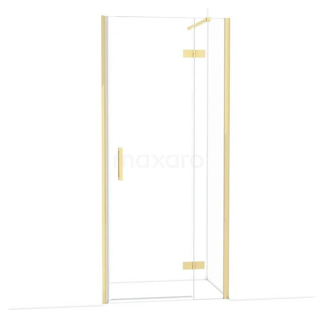 Glass shower door with gold hinges and handle, sleek design, ideal for a modern bathroom.