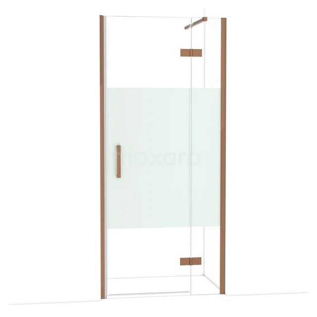 Diamond Shower door | 90 cm Shiny copper Clear with matt strip Pivot door DDB22362113GKP Douchedeur met bronskleurig frame, helder glas en mat privacy-paneel, perfect voor een moderne badkamer.