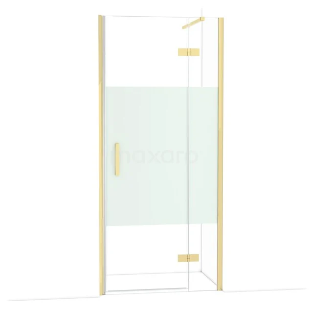 Gold shower door with frosted glass panel, sleek design, ideal for a modern bathroom.