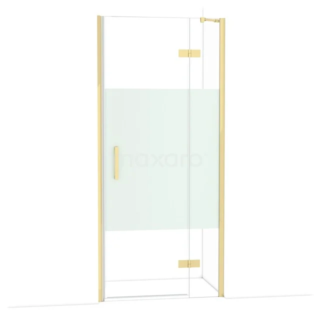 Glass shower door with frosted middle panel, gold-coloured framing and hinges, ideal for a modern bathroom style.