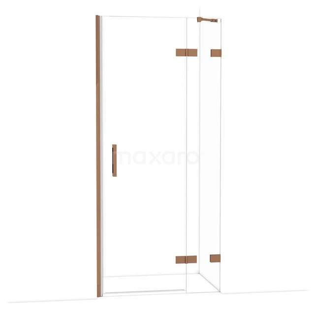 Duschtür mit Eckzugang, transparentem Glas, Messingdetails, schlankem Design, ideal für ein modernes Badezimmer.