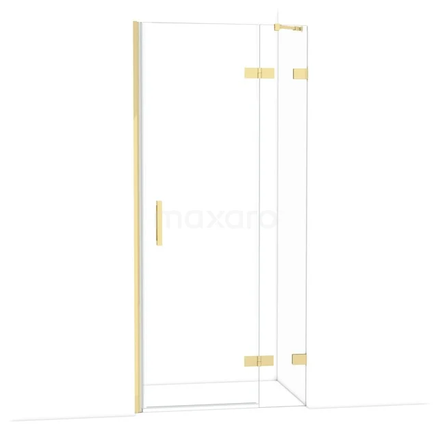 Glazen douchedeur met goudkleurige scharnieren en handgreep, ideaal voor een moderne badkamer inrichting.