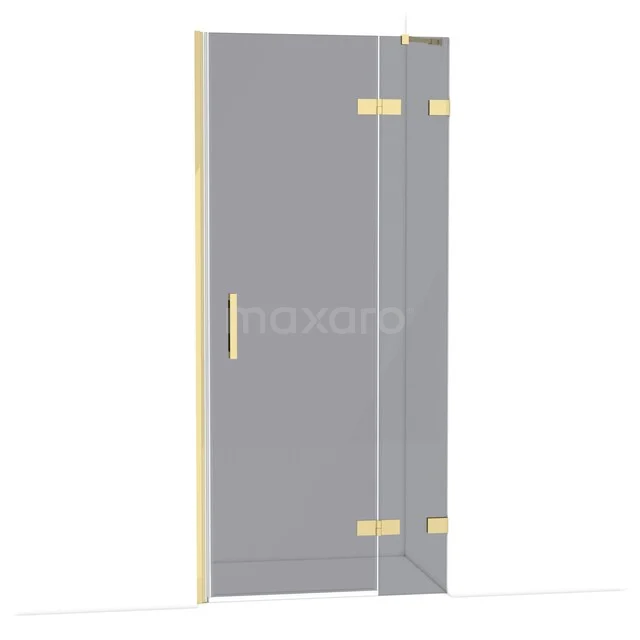 Glass shower door with gold-coloured hinges and handle, stylish bathroom design of high quality.