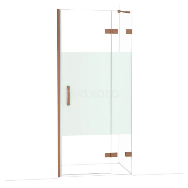 Glas Duschtür mit Matt Weiß Paneel, roségoldene Scharniere und Haltegriff, modernes Design für luxuriöse Bäder.