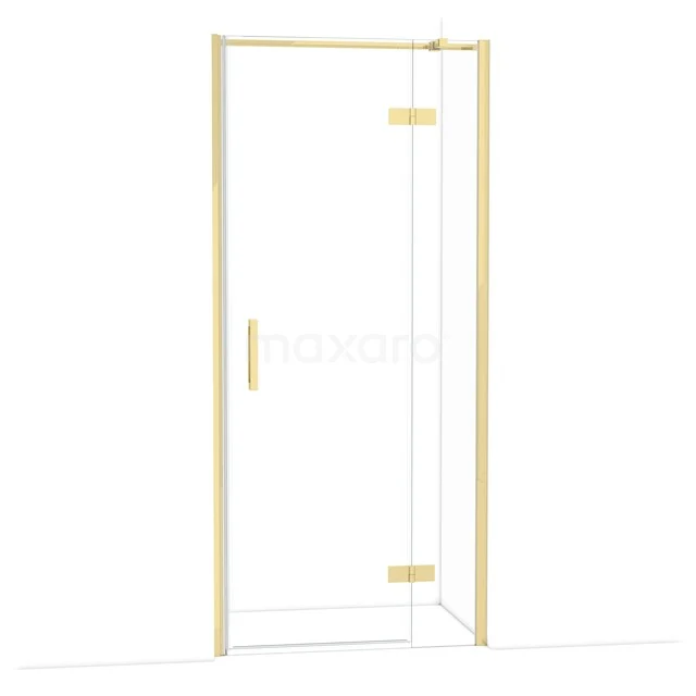 Glass shower door with gold-coloured frame, hinged door design, perfect for a modern bathroom.