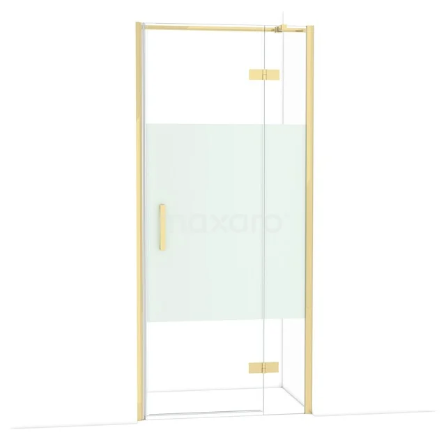 Diamond Shower door | 90 cm Glossy light gold Clear with matt strip Pivot door DDB22362313GLG Douchedeur met goudkleurig frame, helder glas en mat wit paneel, perfect voor een stijlvolle badkamer.