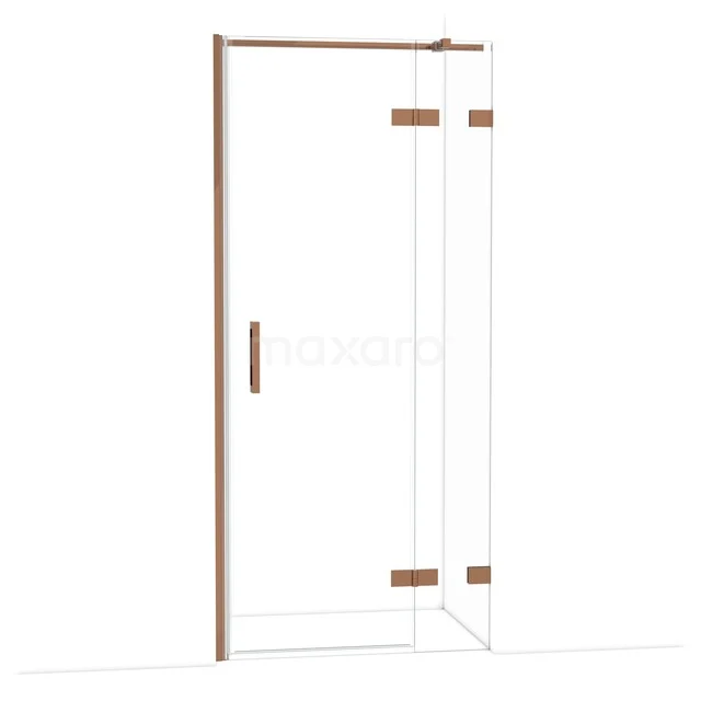 Douchedeur met helder glas, koperkleurig frame en scharnieren, modern design geschikt voor luxe badkamerinterieurs.
