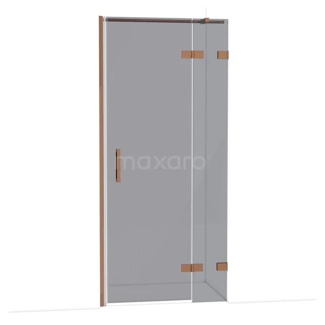 Glass shower door, transparent with chrome hinges and wooden details, perfect for a modern bathroom.