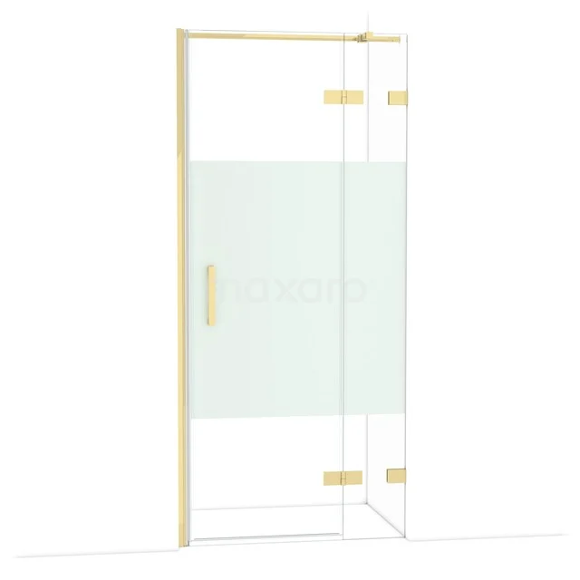 Diamond Shower door | 90 cm Shiny light gold Clear with matt strip Pivot door DDB22362323GLG Glass shower door with matte gold frame and frosted glass panel, ideal for a luxury bathroom style.