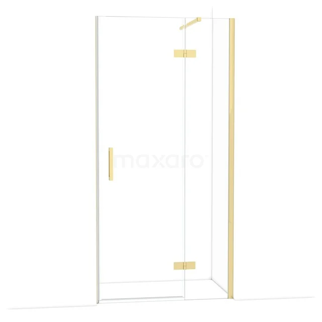 Clear glass shower door with gold hardware, perfect for a modern bathroom.