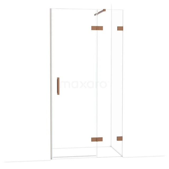 Glasene Duschtür mit Messingdetails, rahmenloses Design und klarer Ausführung für einen modernen Badezimmerstil.