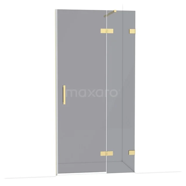 Glass shower door with gold-coloured hinges and handle, stylish bathroom design for a luxurious appearance.