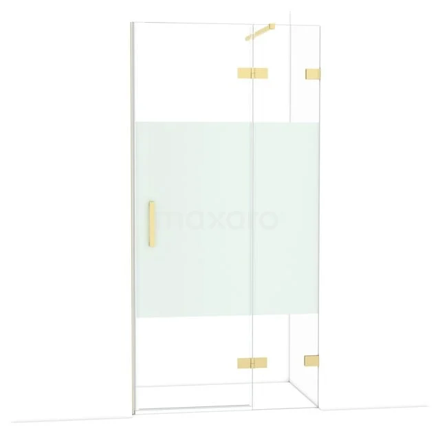 Glas Duschkabine mit matt weißem Streifen, goldfarbenen Scharnieren und Haltegriff, modernes Design ideal für luxuriöse Bäder.