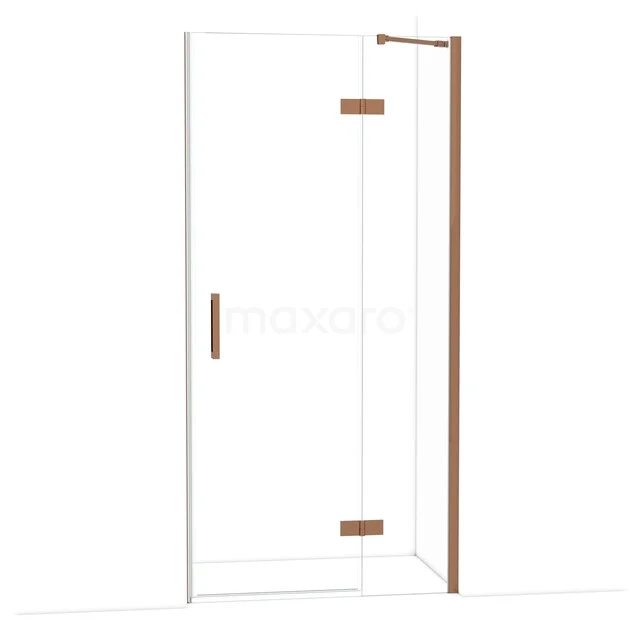 Duschtür mit Klarglas und matten Kupferdetails, moderner Stil, ideal für eine luxuriöse Badezimmerabwicklung.