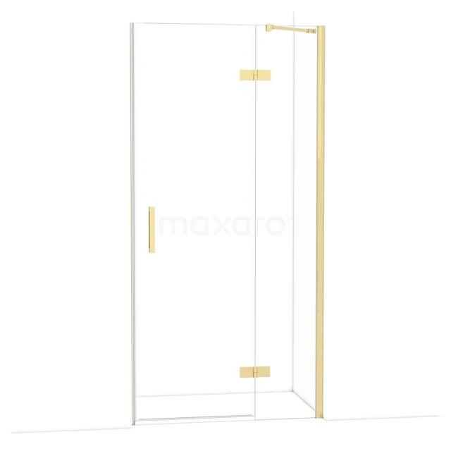 Glass shower door with gold hinges and door handle, modern design ideal for luxury bathroom style.