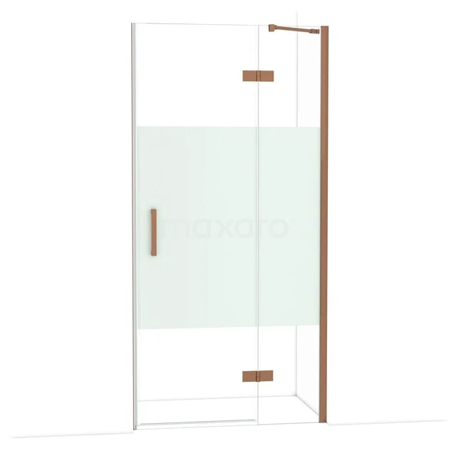 Duschtür mit Kupferakzenten, Klarglas und Mattglasstreifen, perfekt für einen modernen Badezimmerstil.