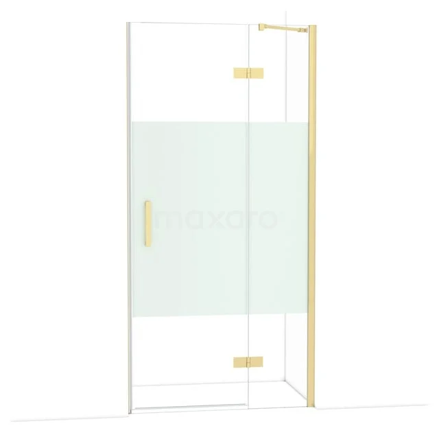 Glass shower door with gold hinges and handle, minimalist design, ideal for a modern bathroom.