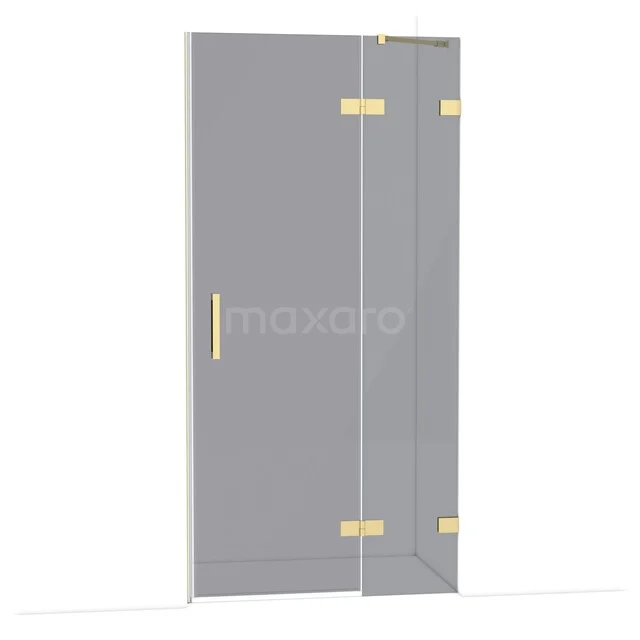 Douchedeur van helder glas met goudkleurige scharnieren, strak design, ideaal voor een moderne badkamer.