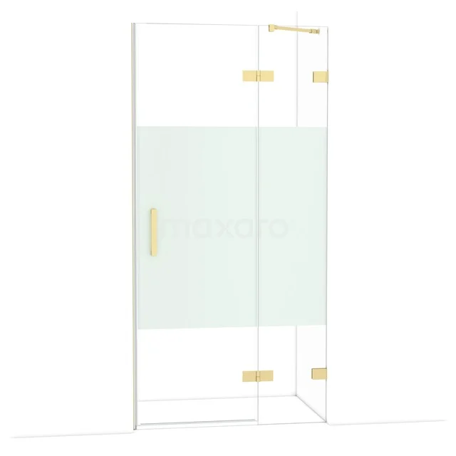Gouden douchecabine met glazen panelen en mat wit detail, ideaal voor een moderne badkamer inrichting.
