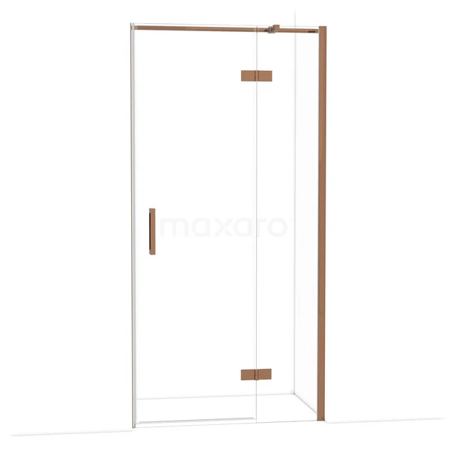 Glasene Duschtür mit Eckzugang, kupferfarbene Akzente, modernes Design, ideal für stilvolles Badezimmerinterieur.