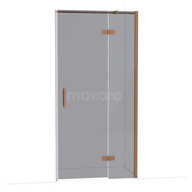 Glasene Duschtür mit kupferfarbenen Scharnieren und Haltegriff, ideal für eine moderne Badezimmer Einrichtung.