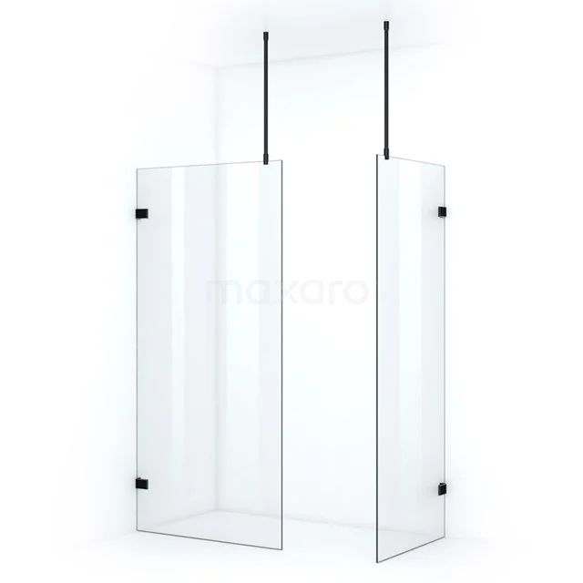 Transparent glass shower screen with matte black fixings and ceiling supports, ideal for a modern bathroom style.