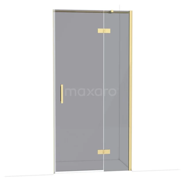 Shower door with gold-coloured hinges and handle, clear glass, stylish design for a luxury bathroom.